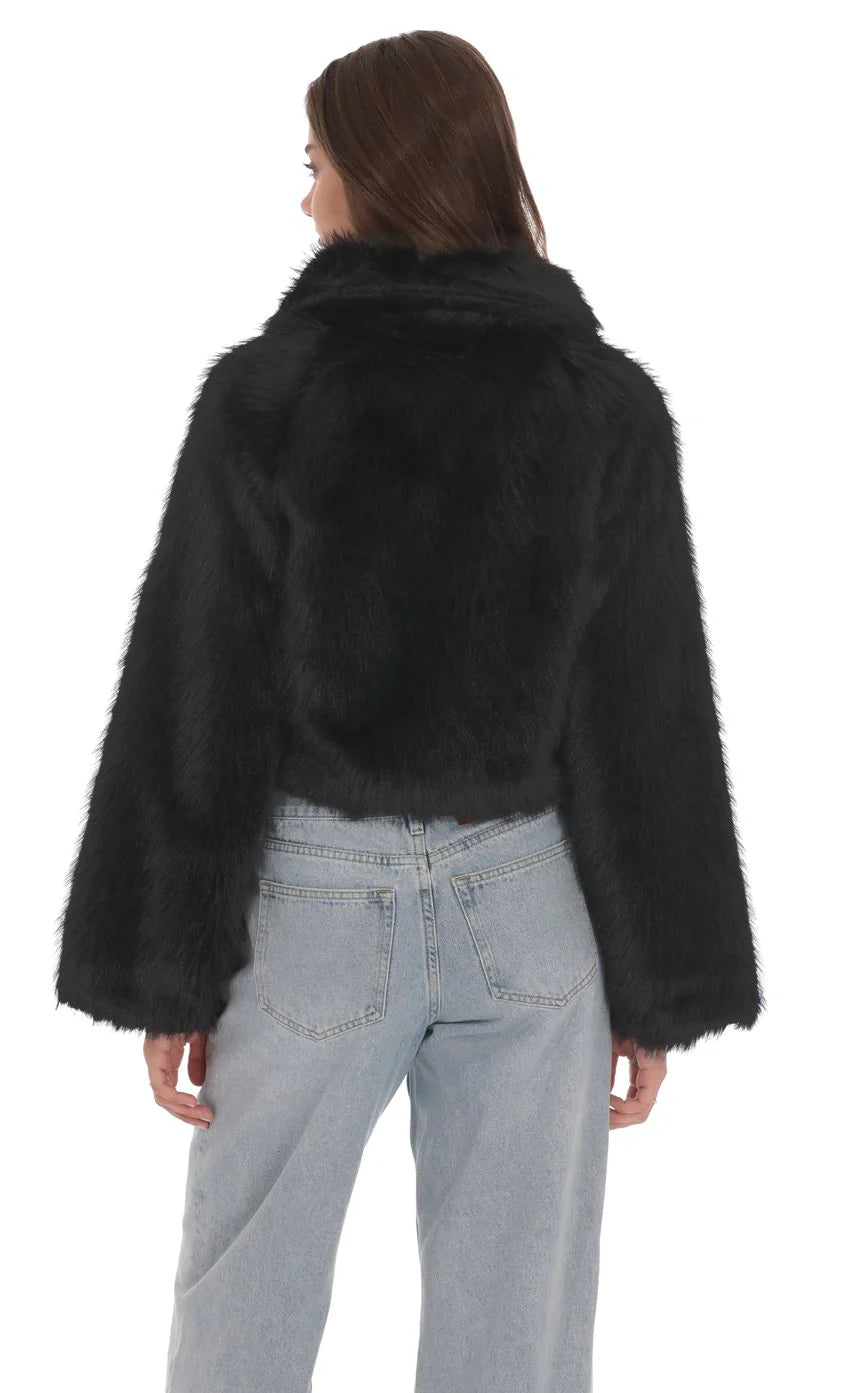 Faux Fur Cropped Jacket in Black